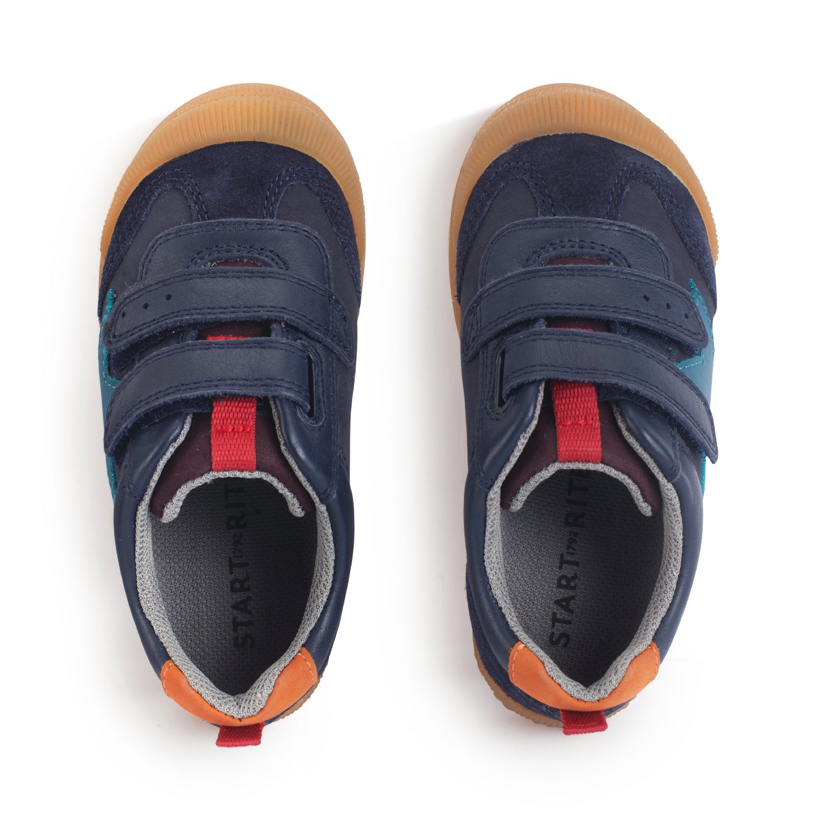 A boys shoe by Start-Rite, stye Tickle, in navy with blue star on side, with heel and toe bumpers and two velcro straps. Top view of pair