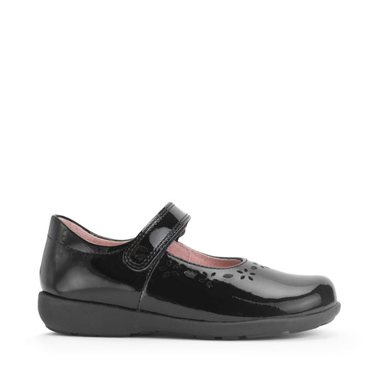 A girls Mary Jane school shoe by Start Rite, style Emily, in black patent with punch out flower detail and velcro fastening. Right side view.