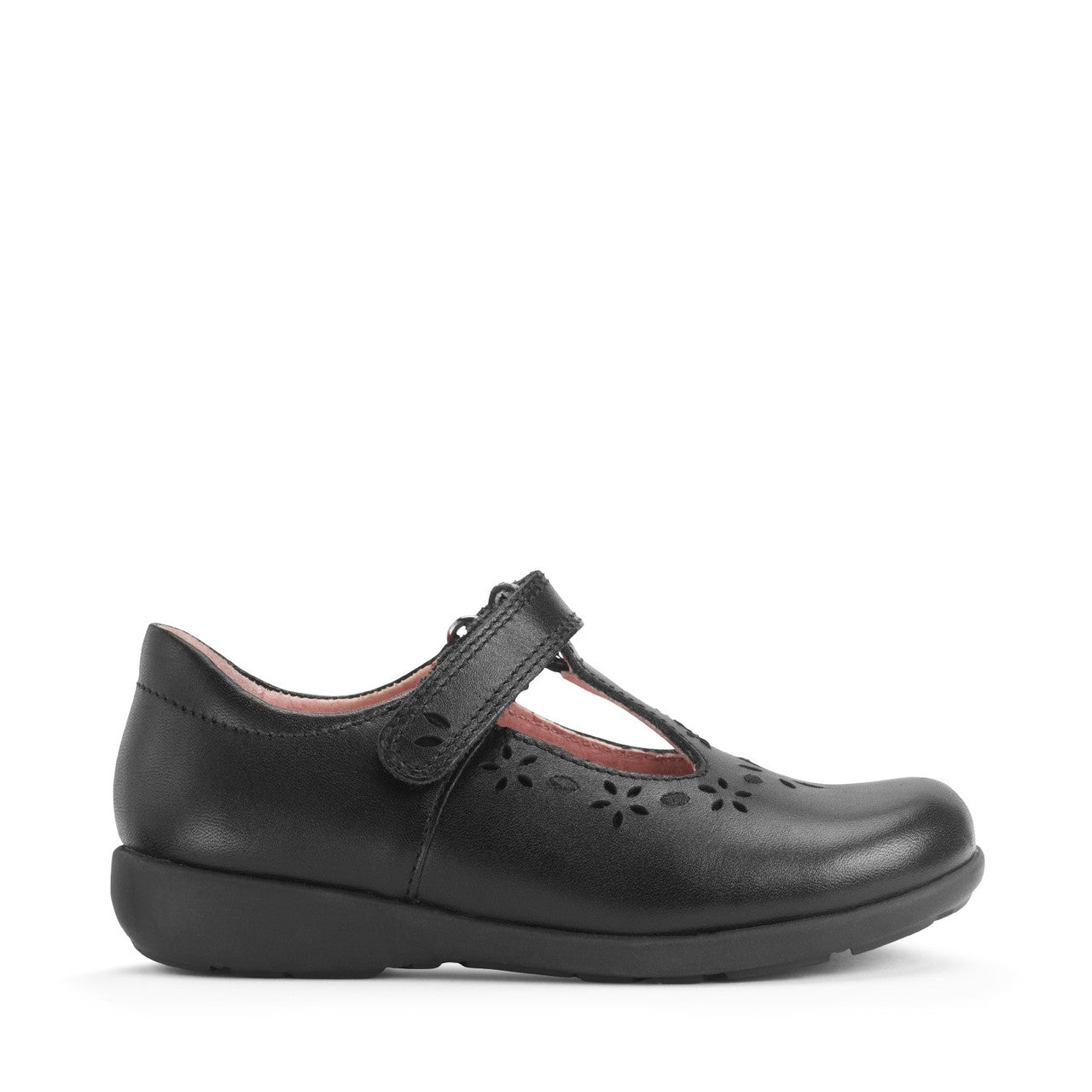 A girls T-bar school shoe by Start-Rite, style Charlotte in black leather with floral punch out detail and velcro fastening. Right side view.
