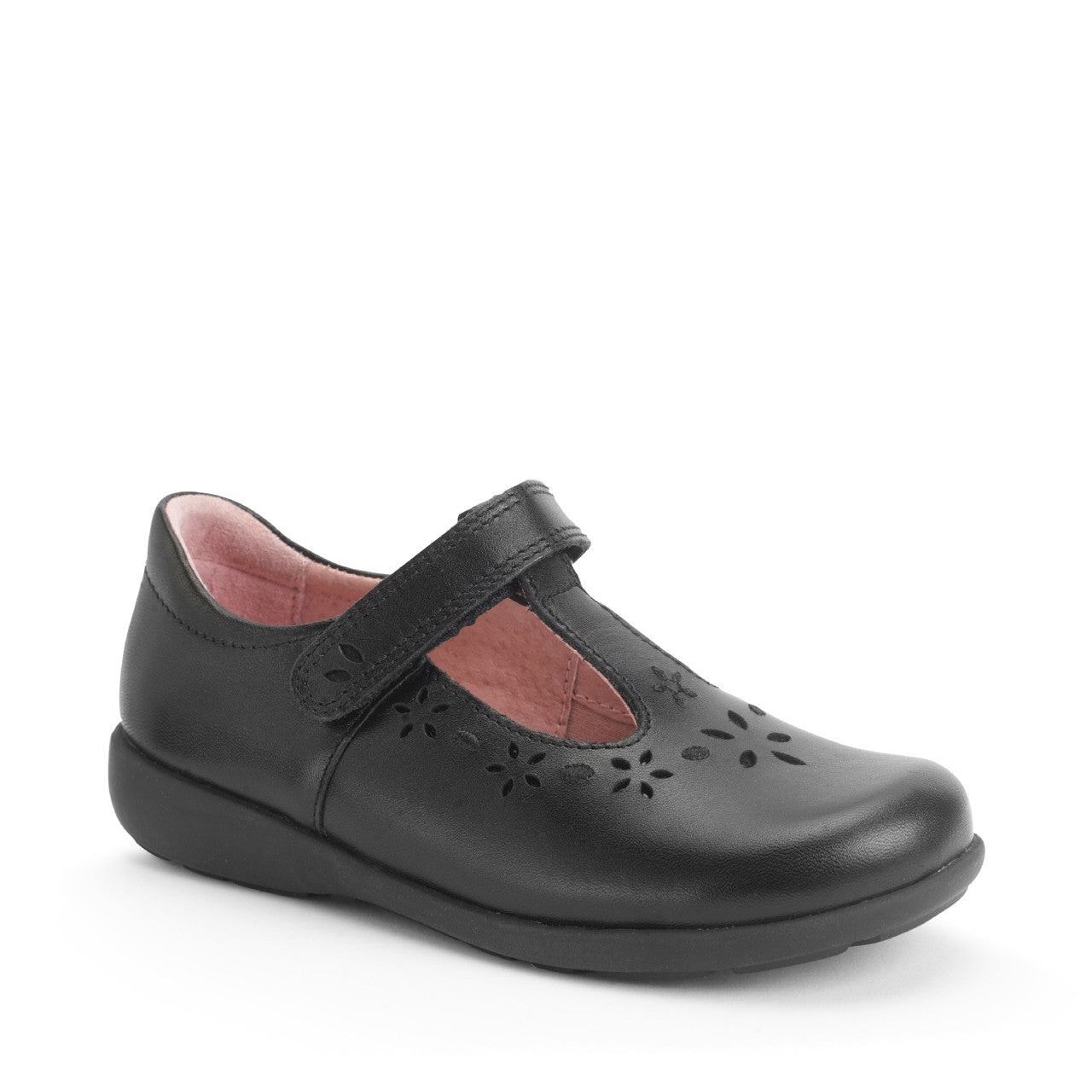 A girls T-bar school shoe by Start-Rite, style Charlotte in black leather with floral punch out detail and velcro fastening. Right side view.