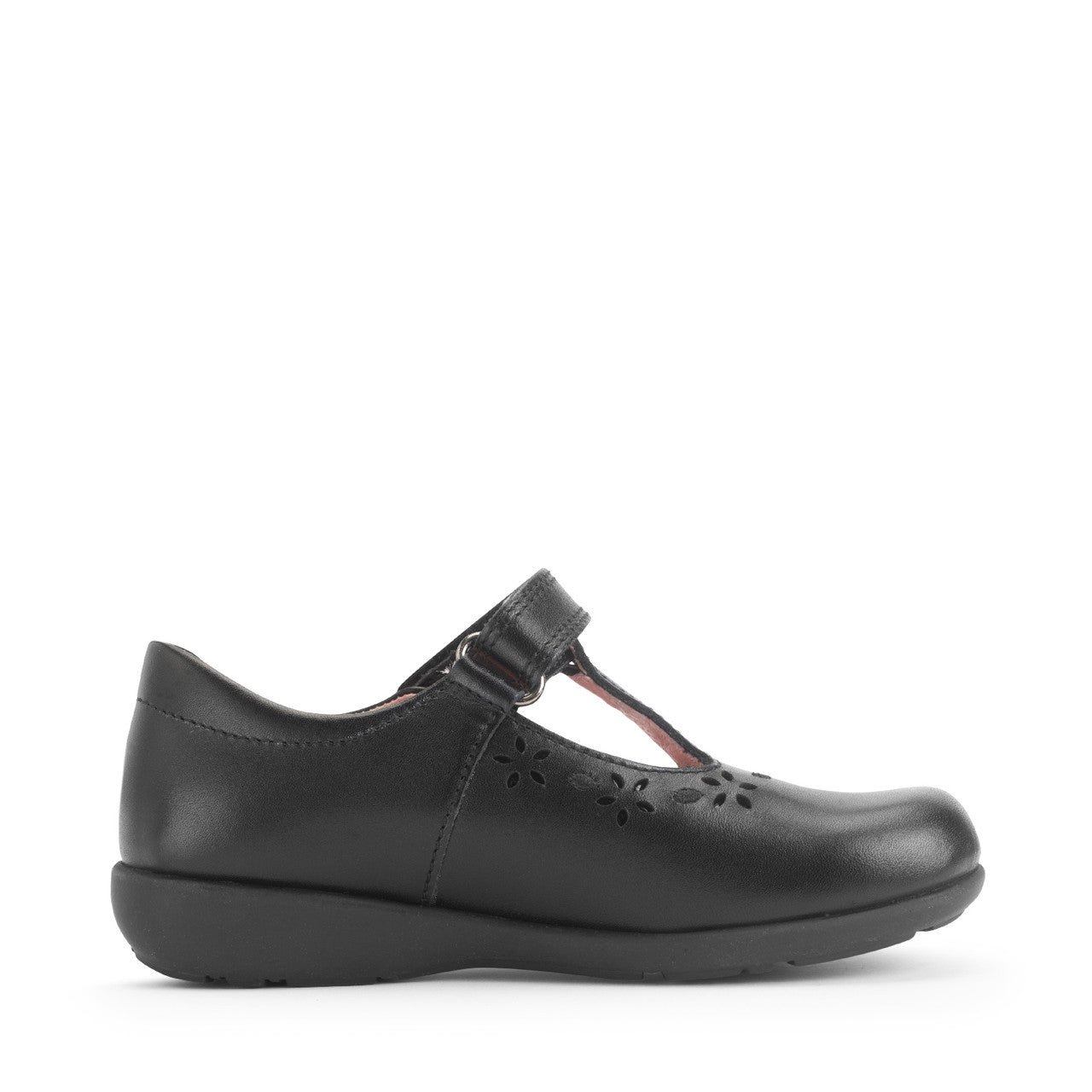 A girls T-bar school shoe by Start-Rite, style Charlotte in black leather with floral punch out detail and velcro fastening. Left side view.
