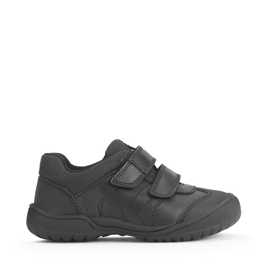 A boys school shoe by Start Rite, style Action, in black leather and textile with double velcro fastening. Right side view.