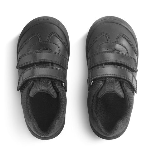 A boys school shoe by Start Rite, style Action, in black leather and textile with double velcro fastening. View of pair from above.