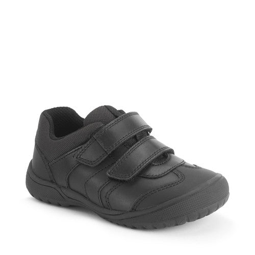 A boys school shoe by Start Rite, style Action, in black leather and textile with double velcro fastening. Angled view.