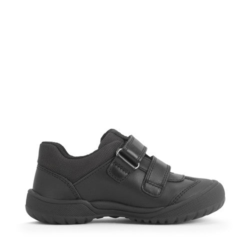 A boys school shoe by Start Rite, style Action, in black leather and textile with double velcro fastening. Left side view.