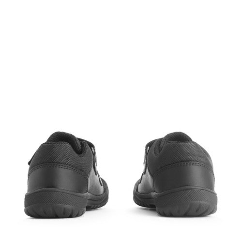 A boys school shoe by Start Rite, style Action, in black leather and textile with double velcro fastening. Back view of pair.