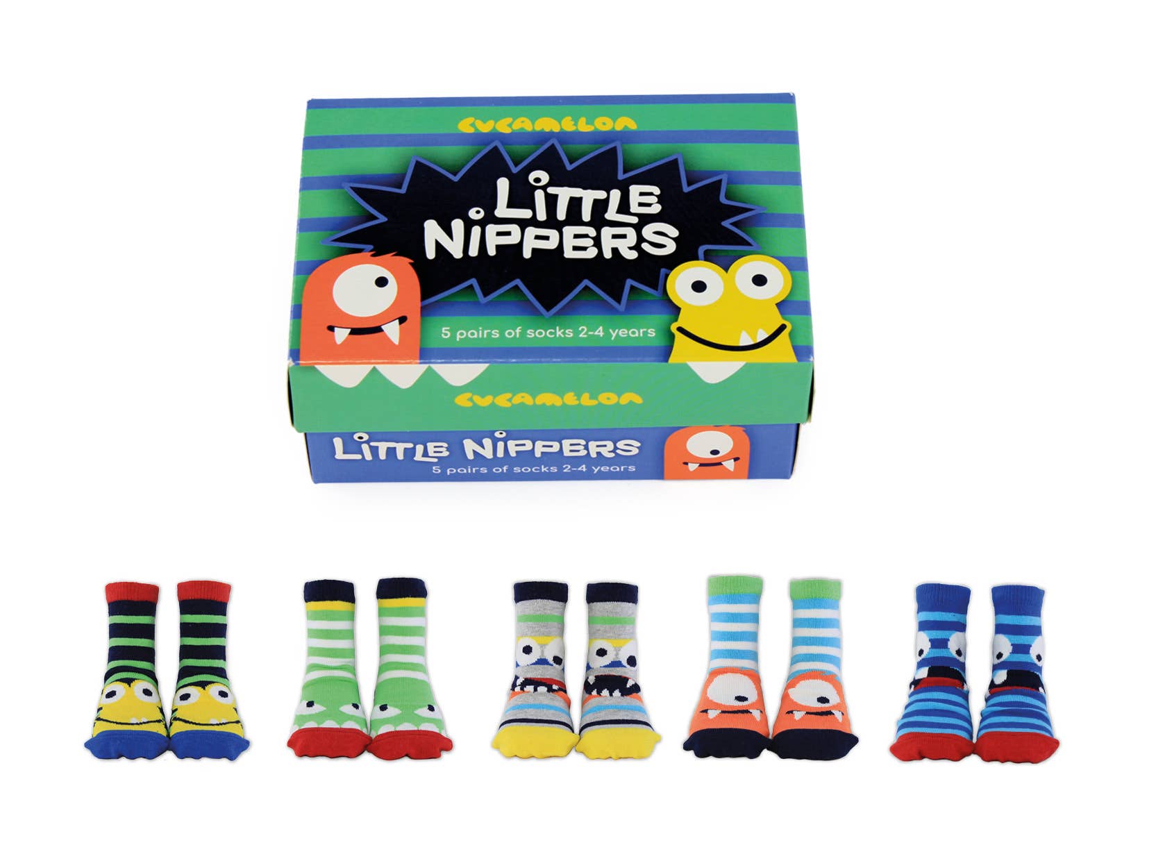 5 pairs of multicoloured monster socks by Cucamelon. Style Little Nippers. Front view of multicoloured box and socks.
