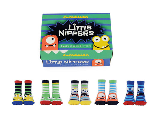 5 pairs of multicoloured monster socks by Cucamelon. Style Little Nippers. Front view of multicoloured box and socks.