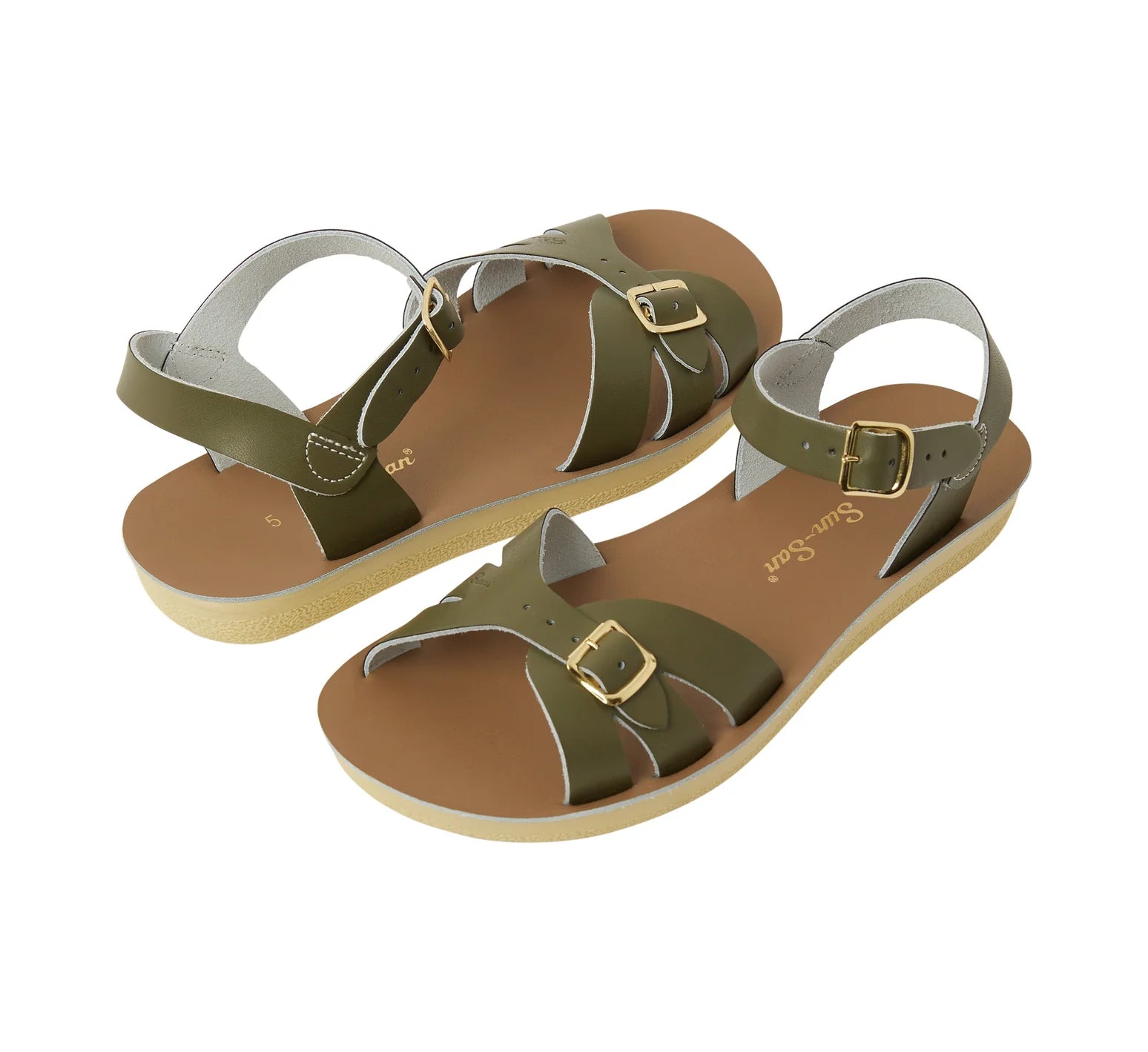 An adult sandal by Saltwater, style Boardwalk in olive with buckle strap. View of pair