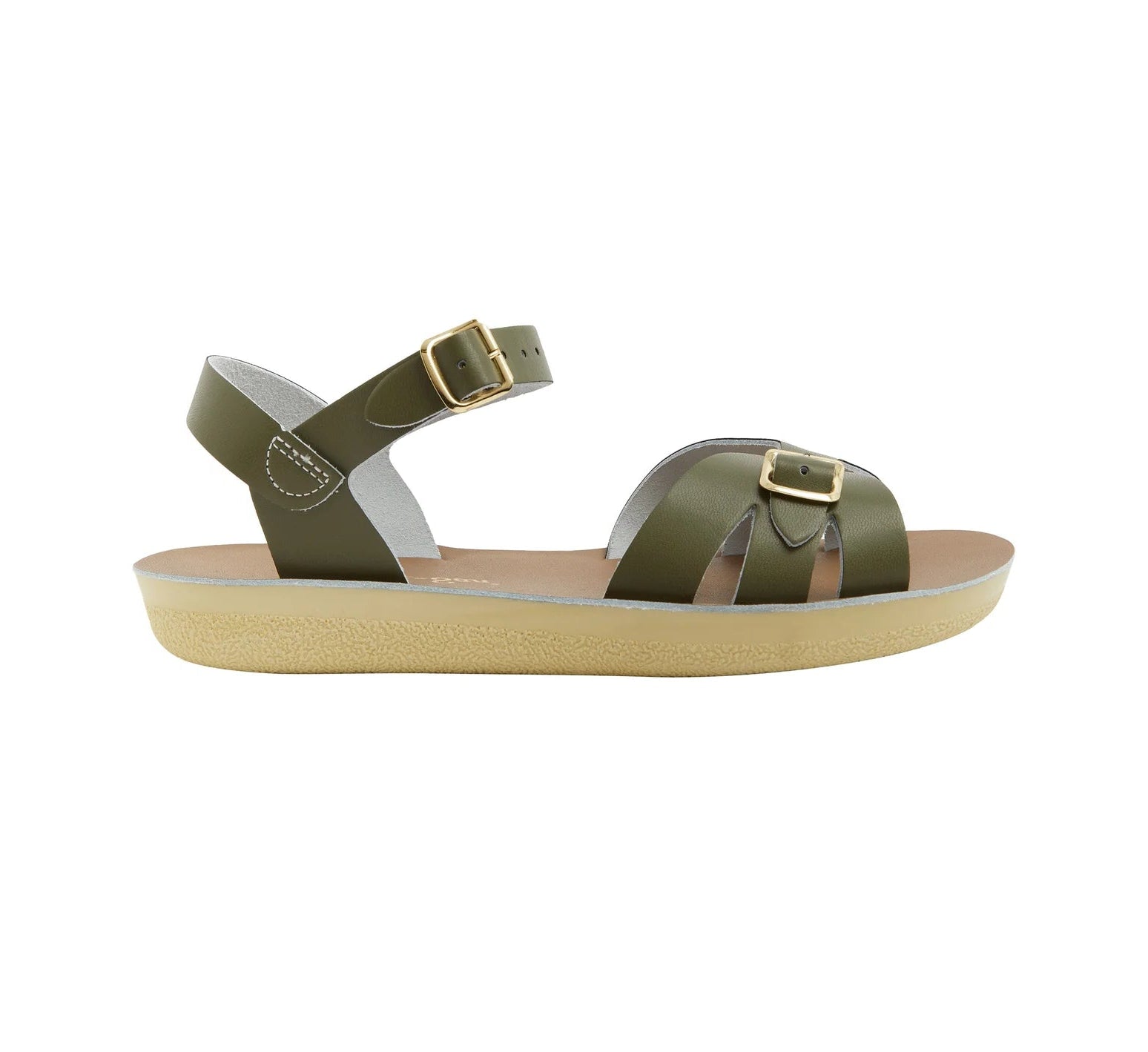 An adult sandal by Saltwater, style Boardwalk in olive with buckle strap. Right side view