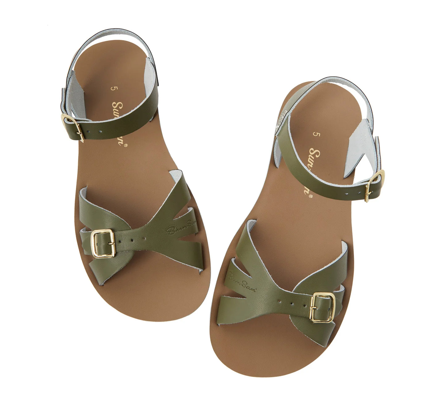 An adult sandal by Saltwater, style Boardwalk in olive with buckle strap. Top view of pair