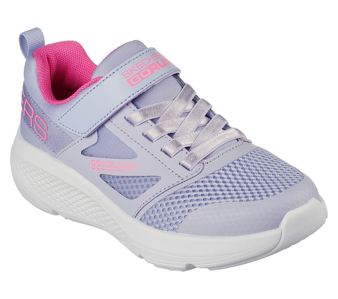 A girls casual trainer by Skechers, style Go Run Elevate, in lilac and pink synthetic with bungee lace and velcro fastening. Angled view.