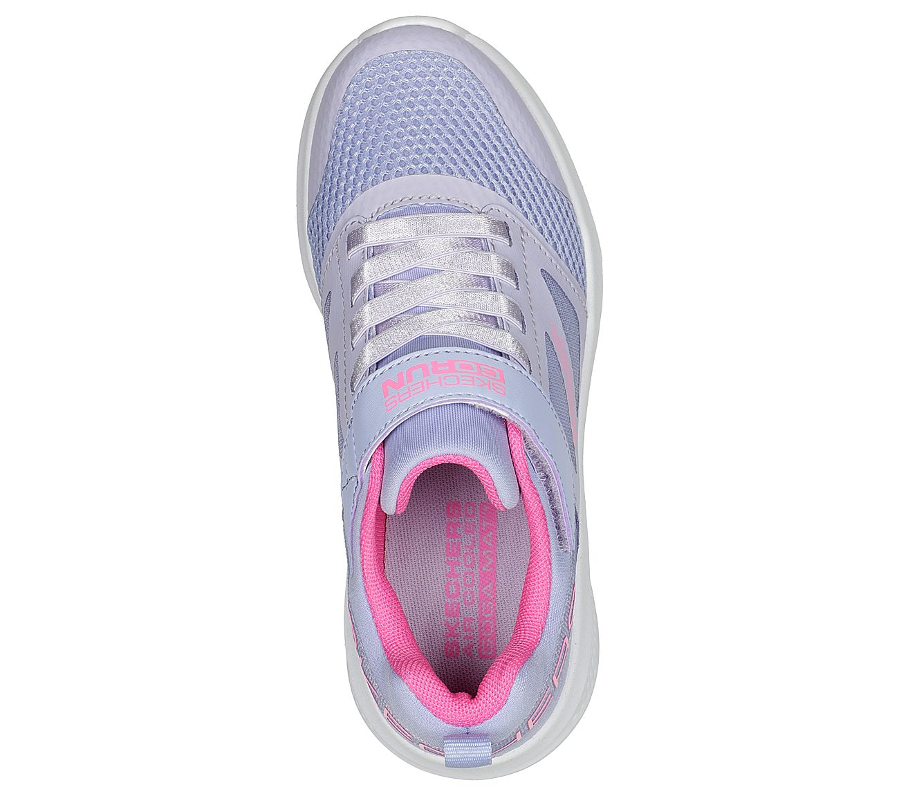 A girls casual trainer by Skechers, style Go Run Elevate, in lilac and pink synthetic with bungee lace and velcro fastening. Above view.