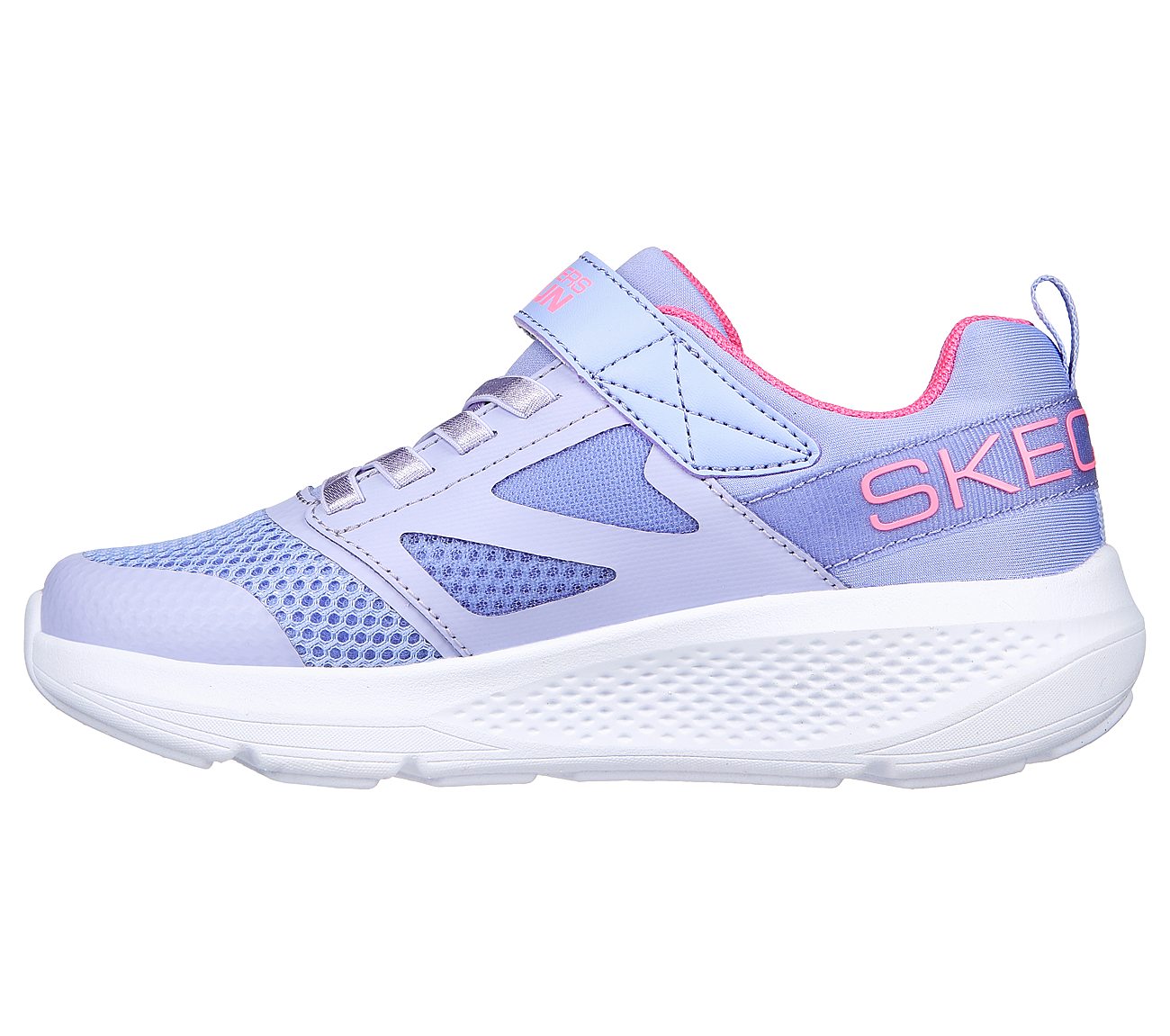A girls casual trainer by Skechers, style Go Run Elevate, in lilac and pink synthetic with bungee lace and velcro fastening. Left side view.