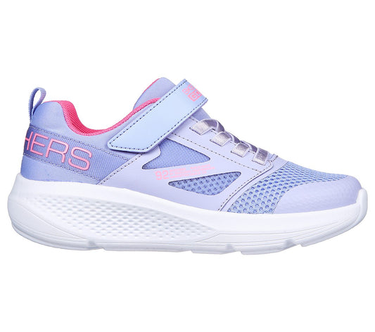 A girls casual trainer by Skechers, style Go Run Elevate, in lilac and pink synthetic with bungee lace and velcro fastening. Right side view.