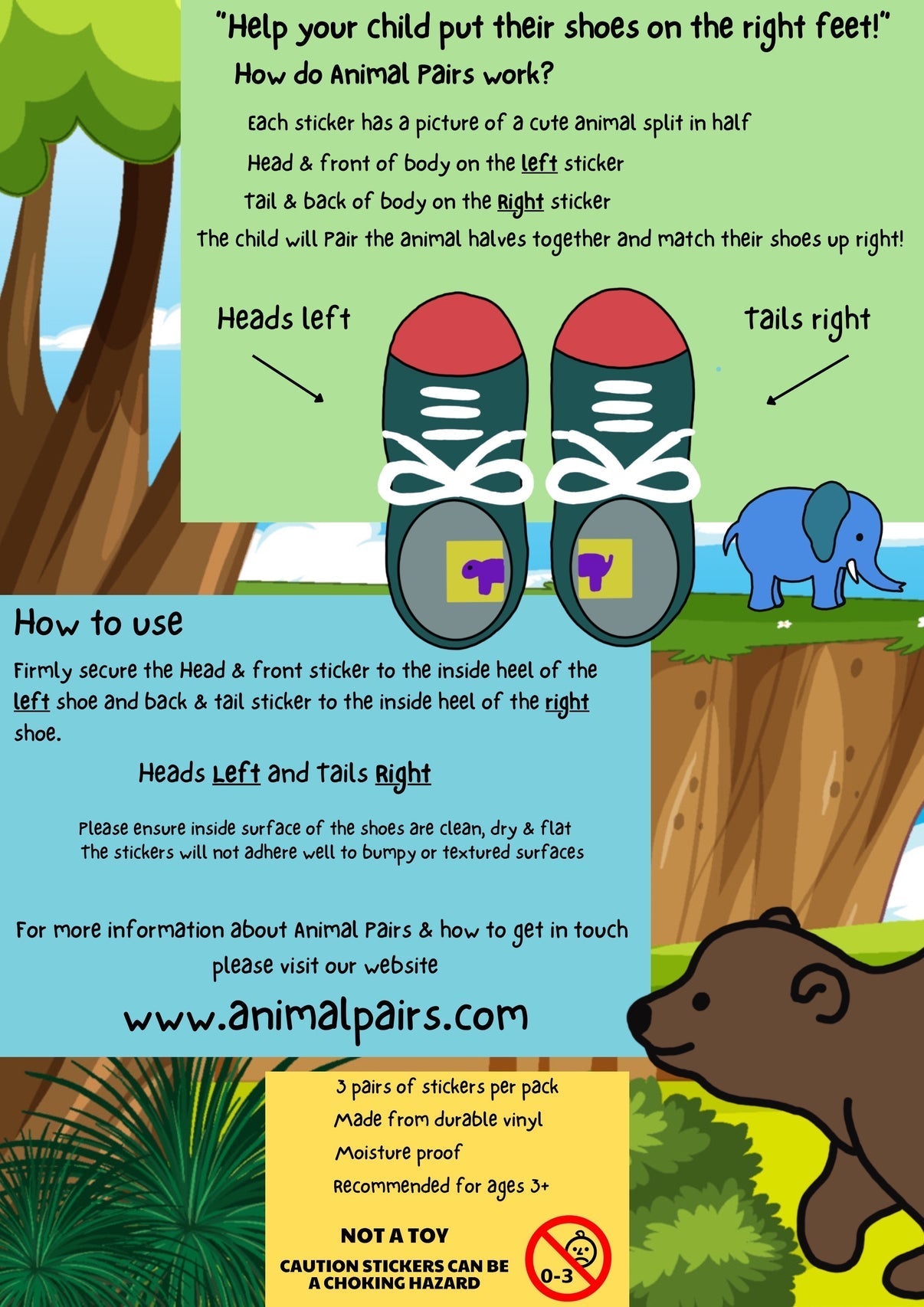 A pack of three educational shoe stickers by Animal Pairs,showing product information and how to use.