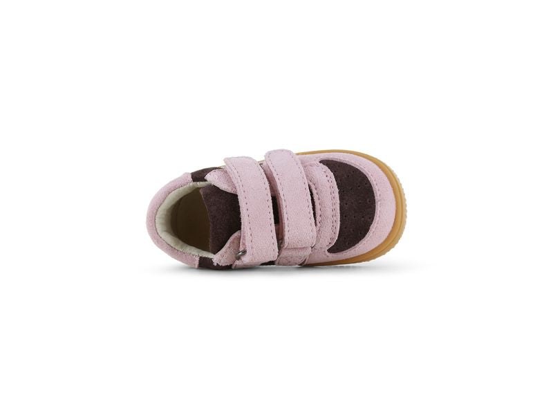 Shoesme Low Top Trainer in brown and pink with double Velcro strap and a gum sole. Top view 