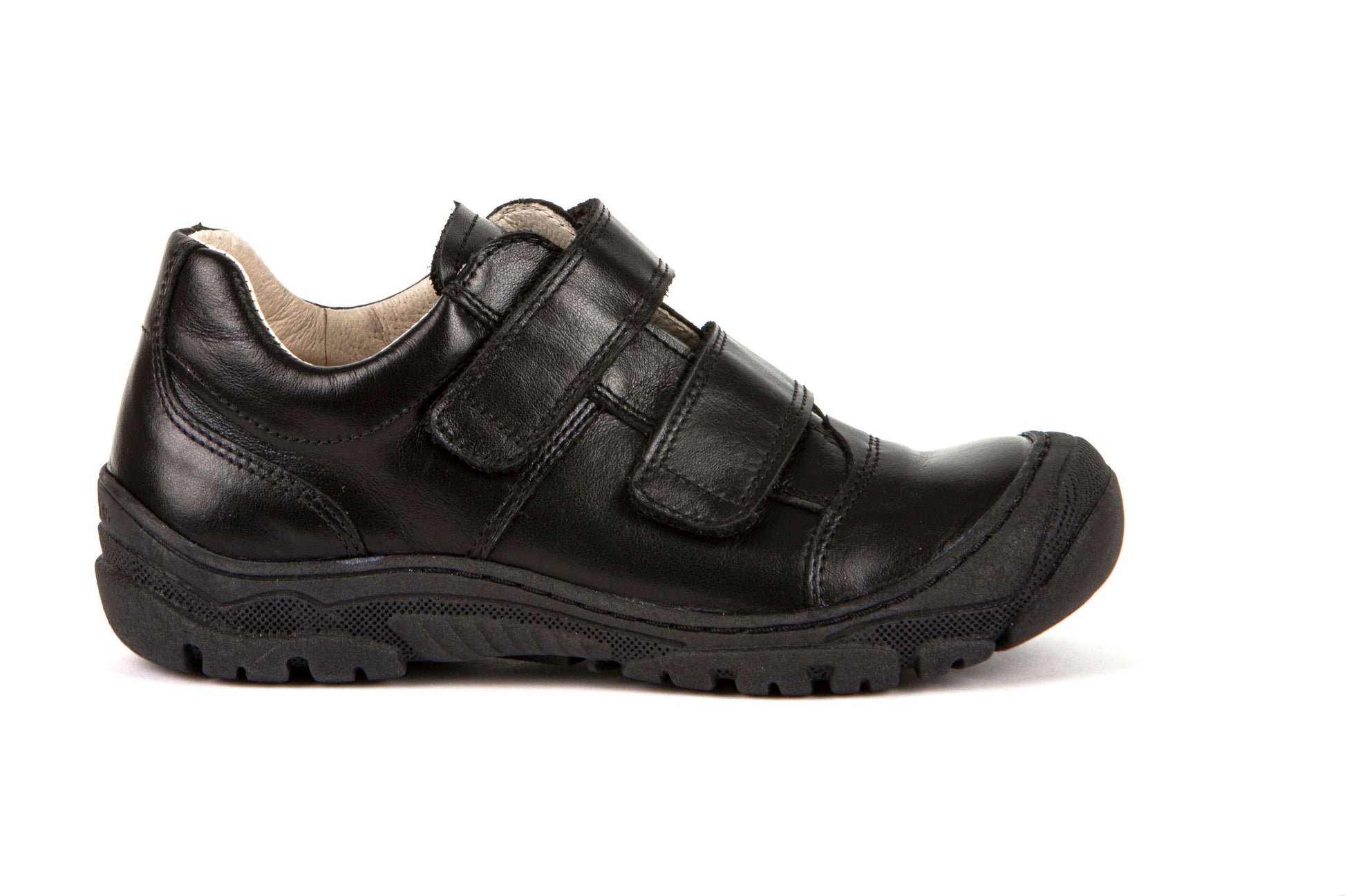 A boys school shoe by Froddo, style G3130188 Leo, in black leather with double velcro fastening. Right side view.