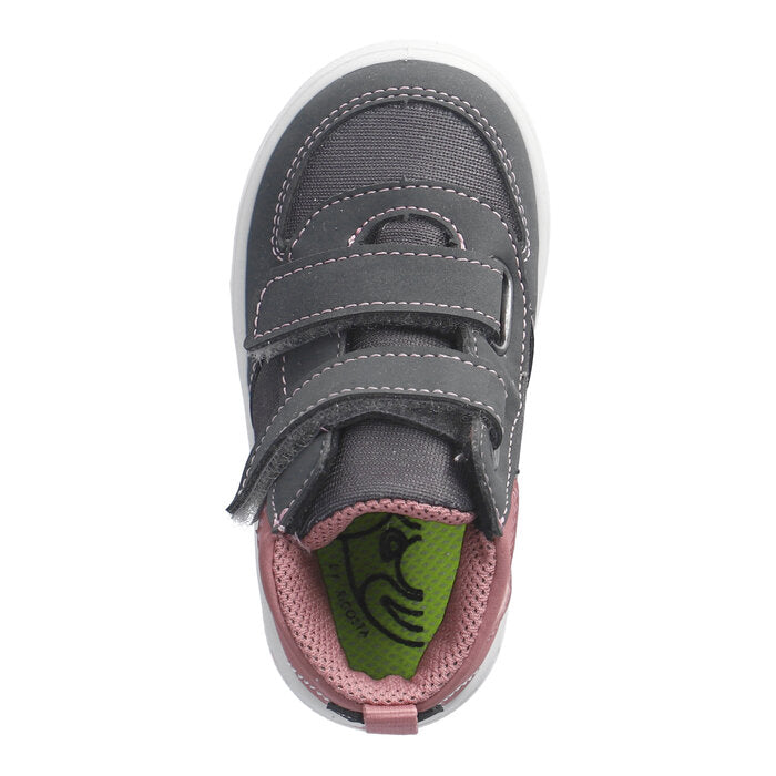 A girls waterproof boot by Ricosta, style Rory, in grey and pink with double velcro fastening. Above view.