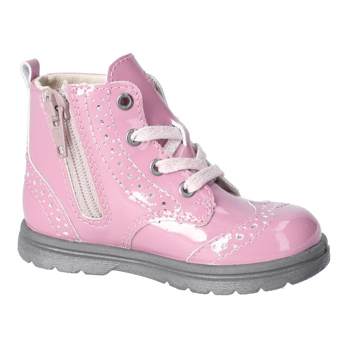 A girls lace up boot by Ricosta, style Jemmy, in pink patent with brogue detailing and zip / lace fastening. Left side view.