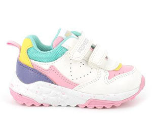 A girls trainer by Primigi, style 2947511 in white synthetic leather and textile multi. Right side view. 