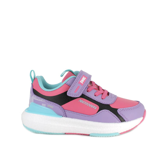 A girls casual trainer by Primigi, style 4962500  B&G Rapid, in purple and pink multi with faux lace and velcro fastening. Right side view.