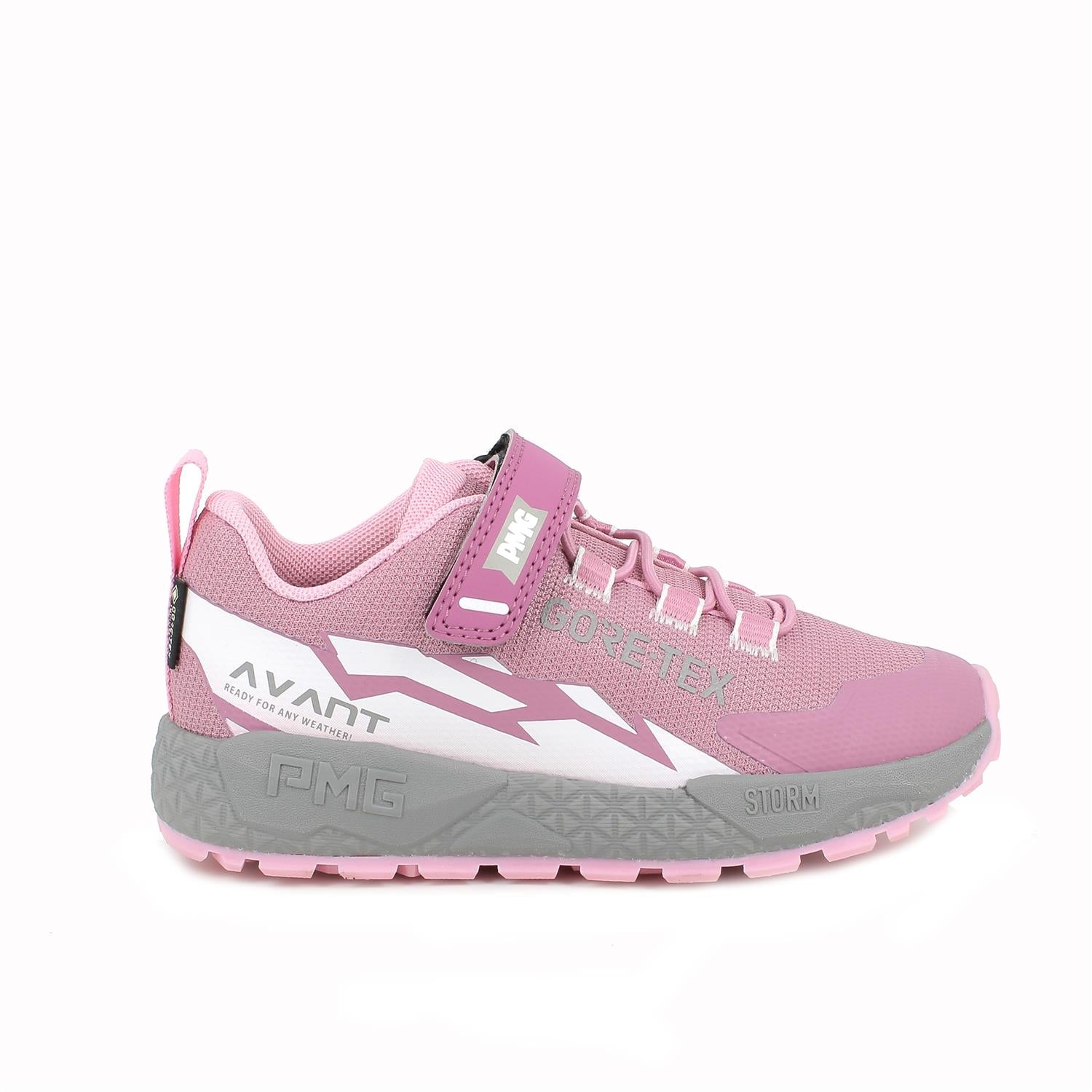 A girls waterproof trainer by Primigi, style 6918611 in pink with white pattern and grey sole. Right side view.