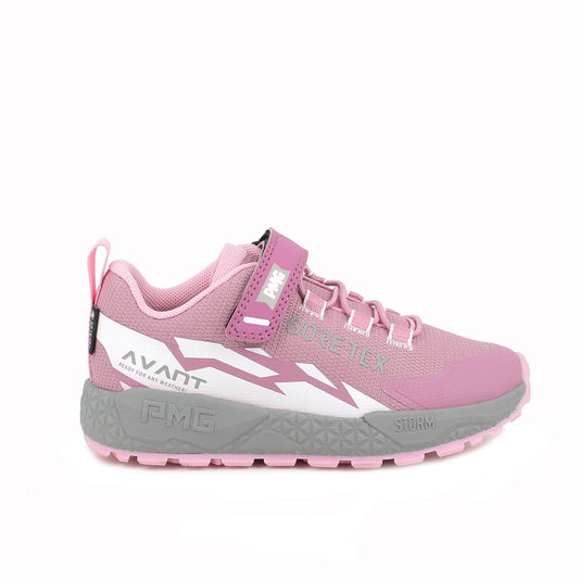 A girls waterproof trainer by Primigi, style 6918611 in pink with white pattern and grey sole. Right side view.