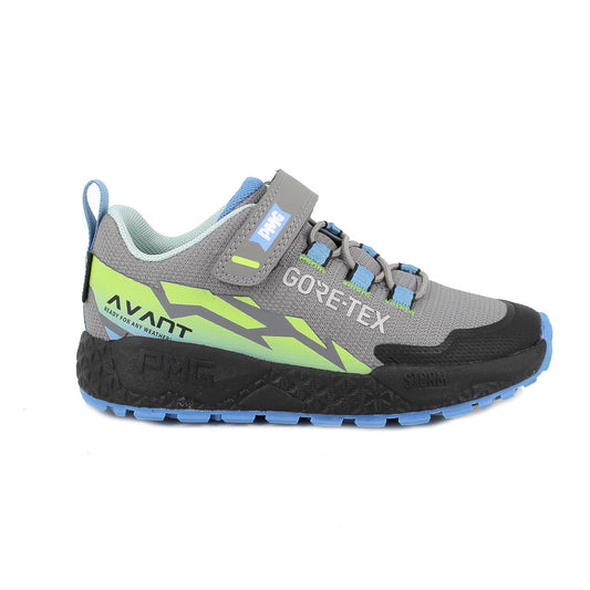 A boys waterproof trainer by Primigi, style 8916533, in grey and blue with yellow accents and black sole. Right side view.