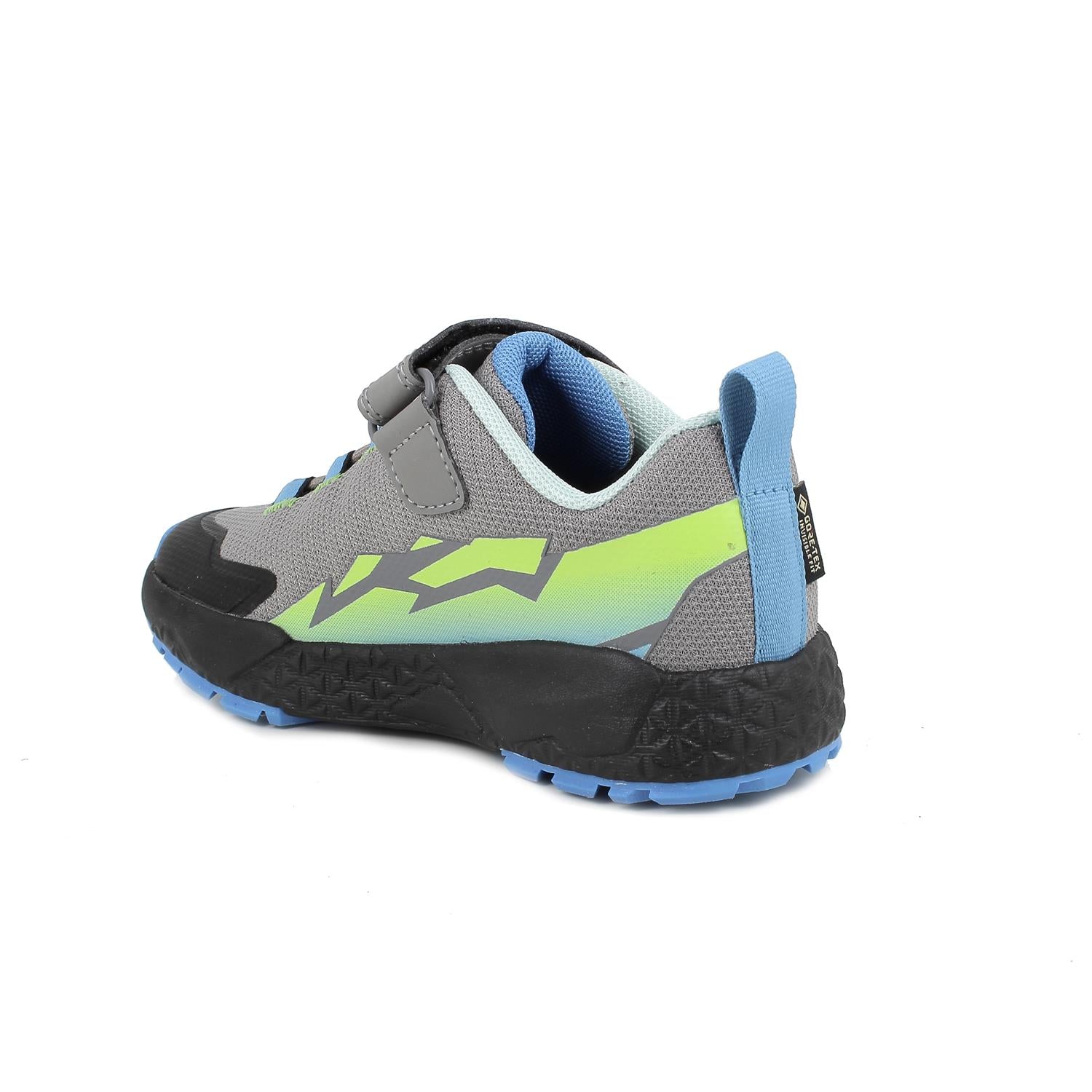 A boys waterproof trainer by Primigi, style 8916533, in grey and blue with yellow accents and black sole. Angled left side view.