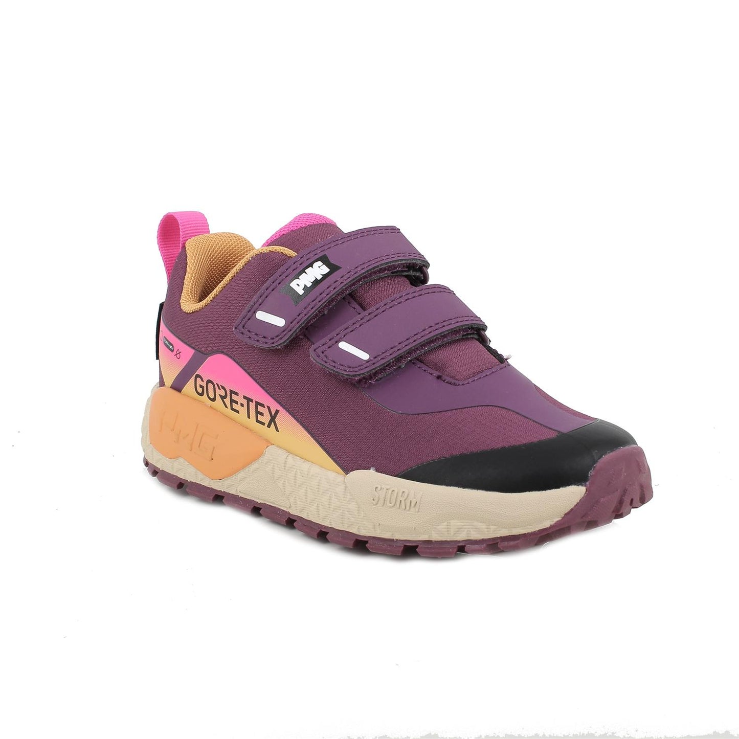 A girls waterproof trainer by Primigi, style 8916700, in purple with pink and orange trim. Velcro fastening. Angled right side view.