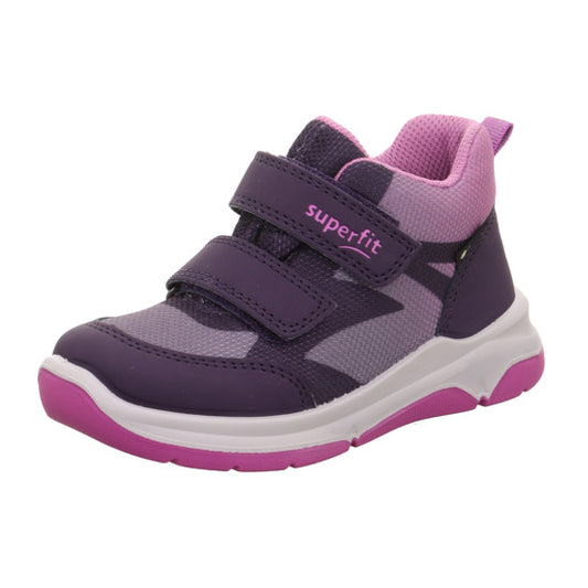 A girls waterproof boot by Superfit, style Cooper 1-006407-8500, in purple with pink and white sole and double velcro fastening. Angled right side view.