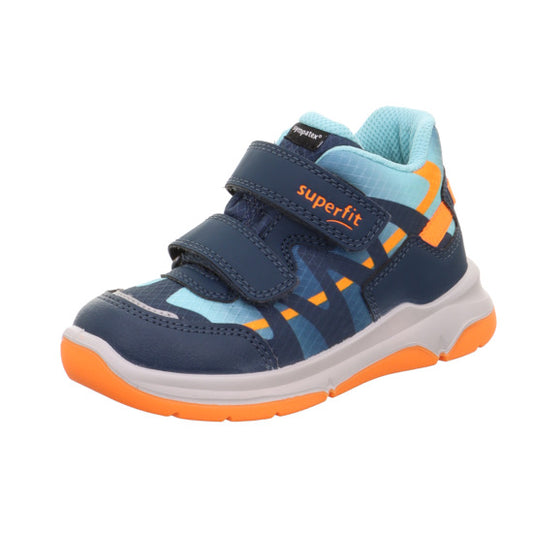 A boys waterproof boot by Superfit, style Cooper 1-006412-8000, in blue and orange with orange and white sole and double velcro fastening. Angled right side view.