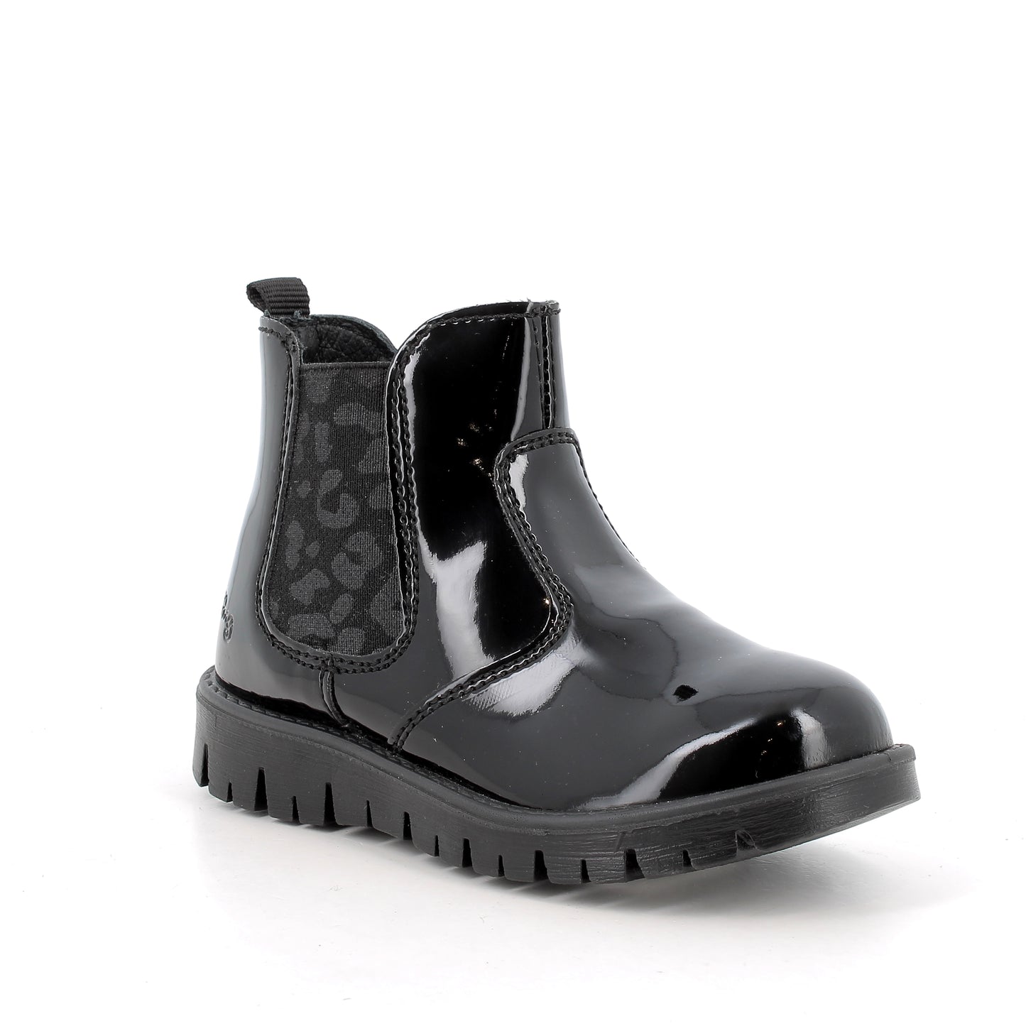 Primigi patent Chelsea boot in black with leopard print detailing on the elastic. Right side view. 