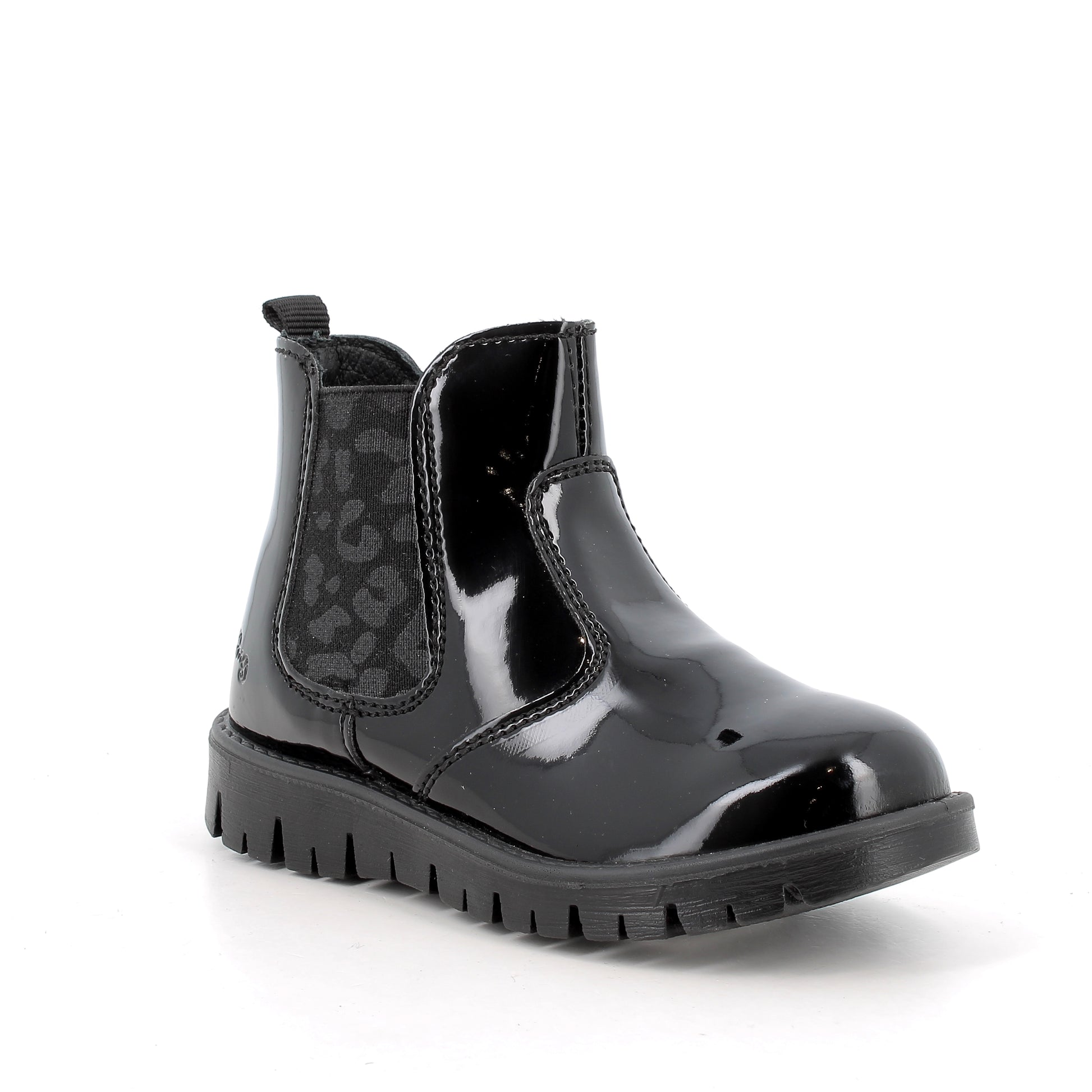 Primigi patent Chelsea boot in black with leopard print detailing on the elastic. Right side view. 