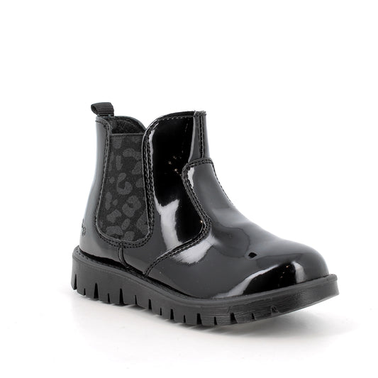 Primigi patent Chelsea boot in black with leopard print detailing on the elastic. Right side view. 