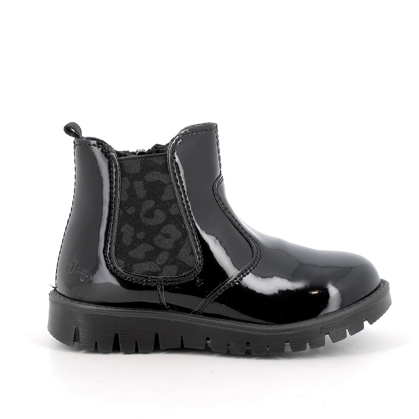 Primigi patent Chelsea boot in black with leopard print detailing on the elastic. Right side view. 