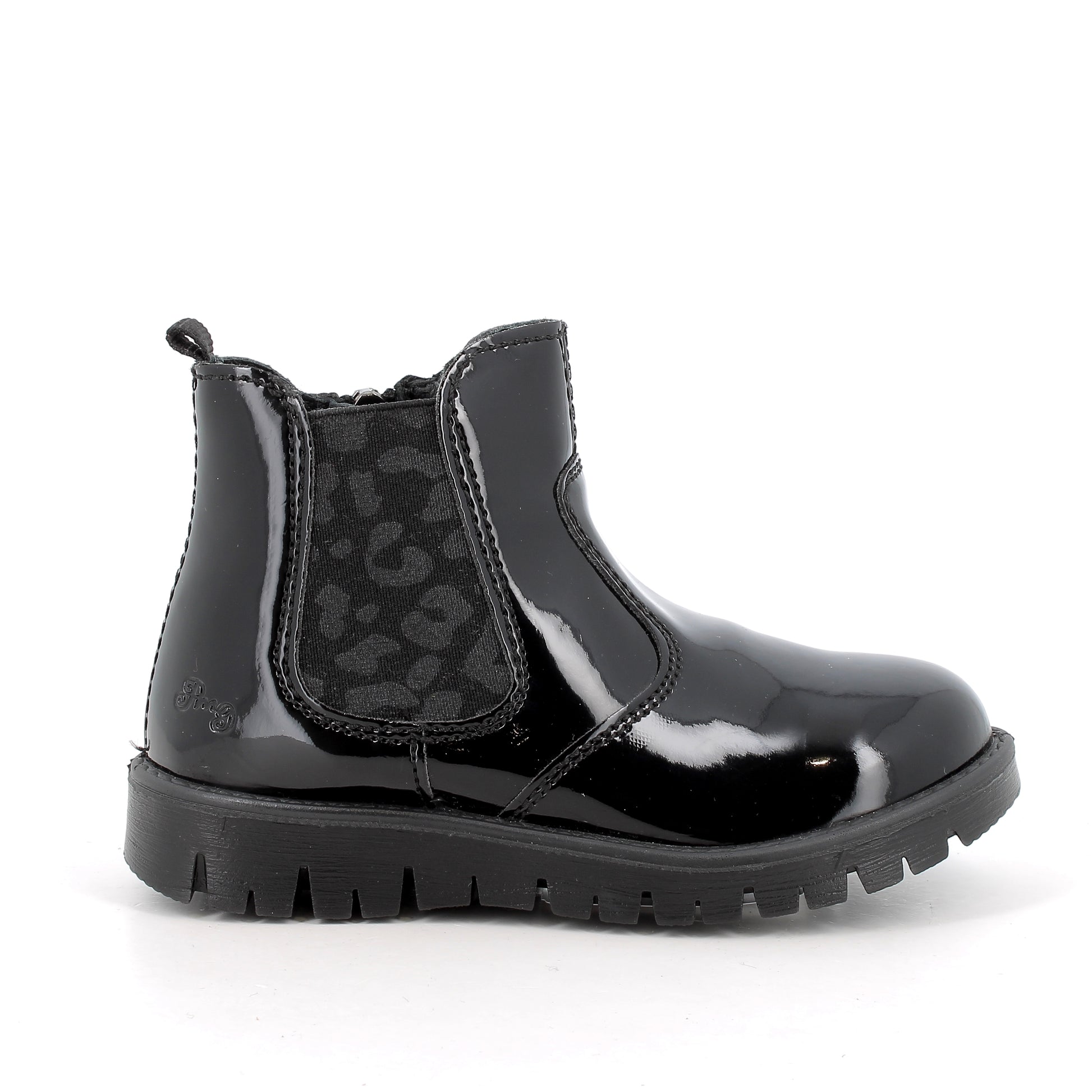 Primigi patent Chelsea boot in black with leopard print detailing on the elastic. Right side view. 