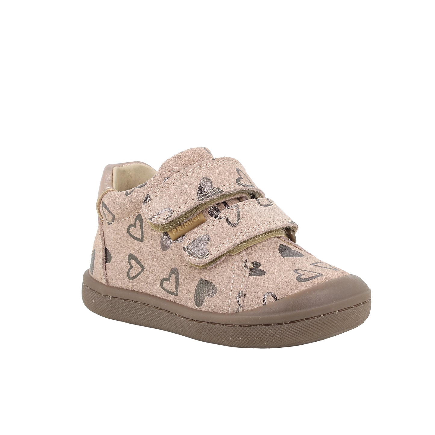 Primigi girl's ankle boot in pink with silver heart detailing, double Velcro fastening and gum sole. Right side view.