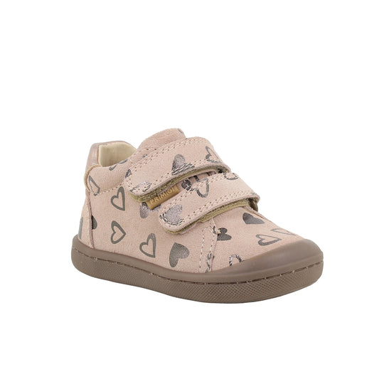 Primigi girl's ankle boot in pink with silver heart detailing, double Velcro fastening and gum sole. Right side view.