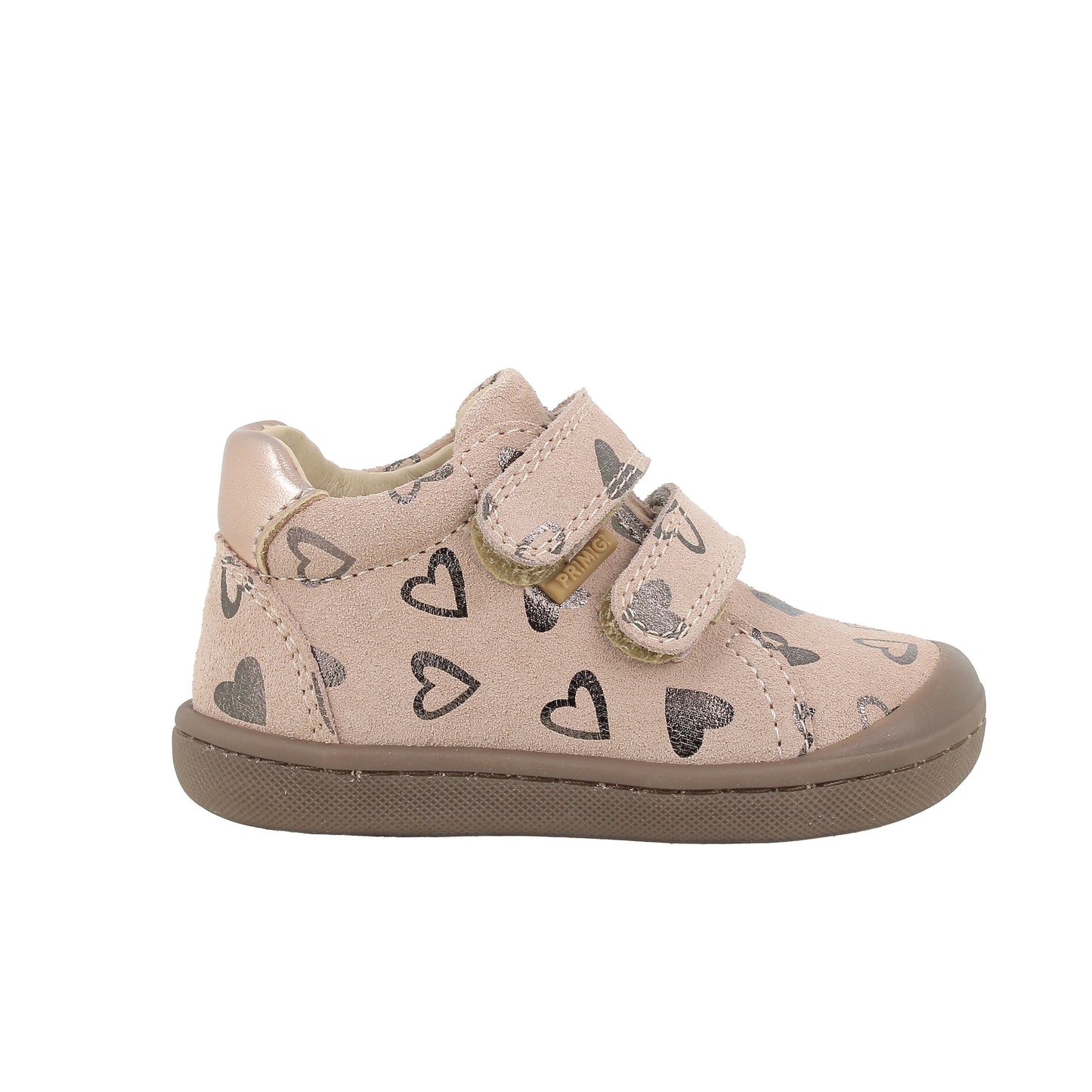 Primigi girl's ankle boot in pink with silver heart detailing, double Velcro fastening and gum sole. Right side view.