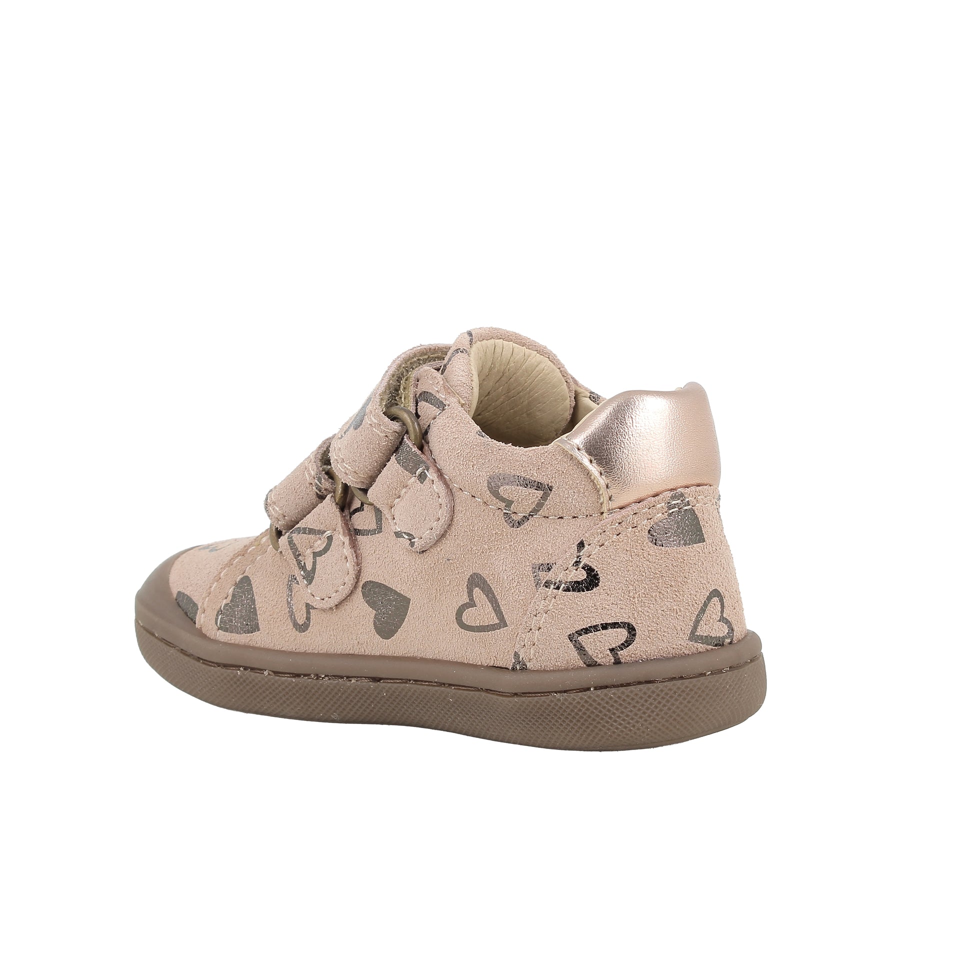 Primigi girl's ankle boot in pink with silver heart detailing, double Velcro fastening and gum sole. Angled back view of right side shoe.