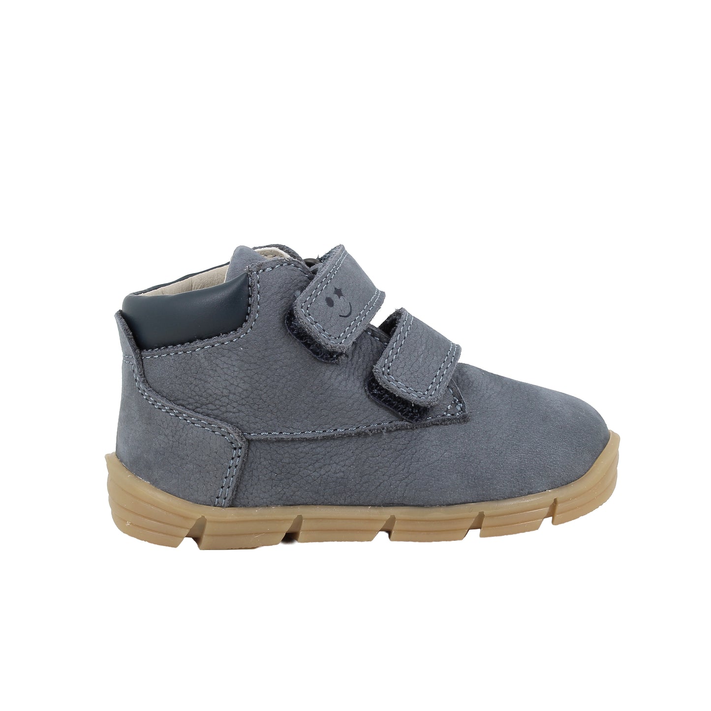 Primigi boy's ankle boot in blue with double Velcro fastening and gum sole. Right side view.
