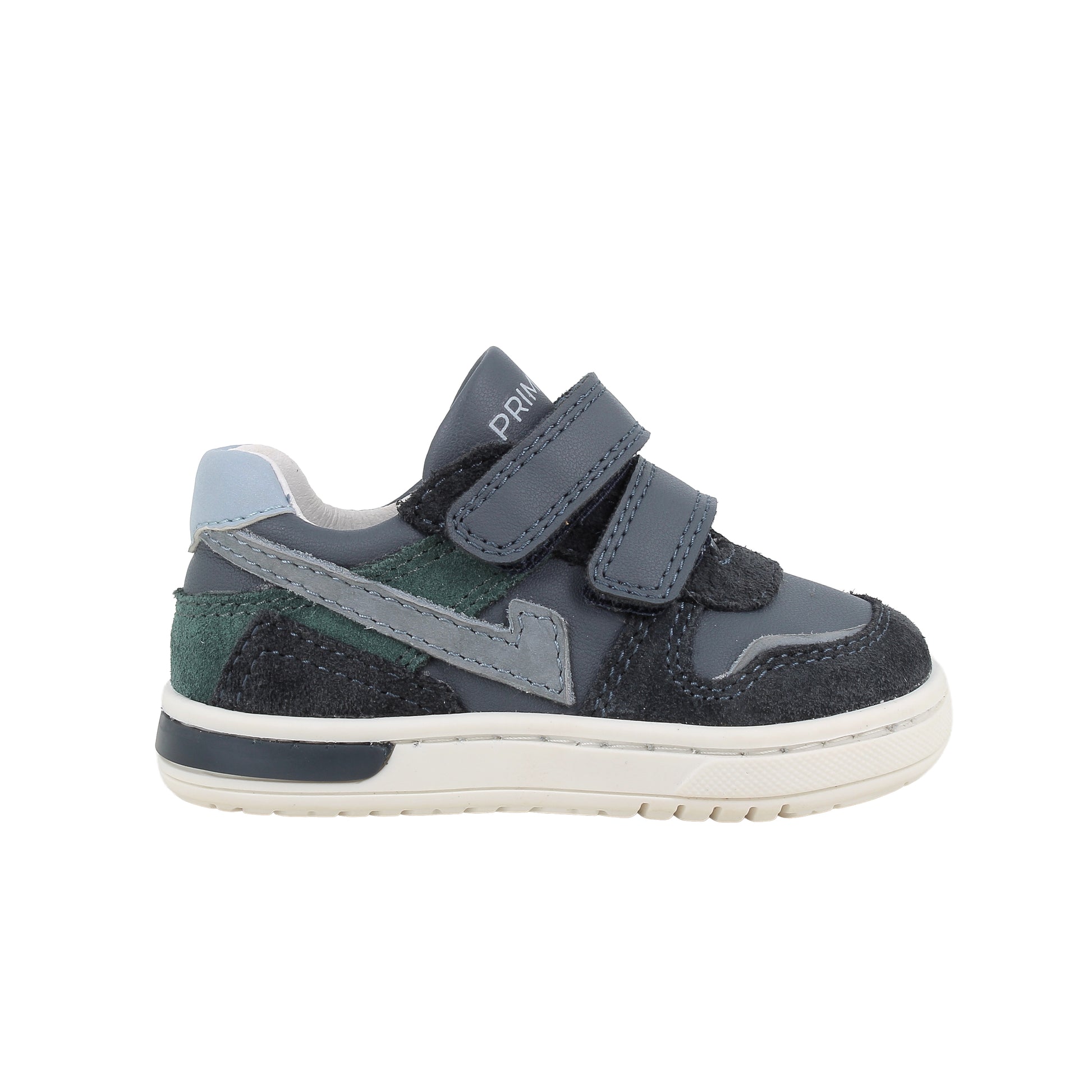 Primigi boys trainer in navy with double Velcro fastening and a white sole. Right side view