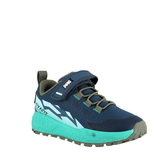 Boy's Primigi trainer in the style Storm GTX in navy and teal with a Velcro strap and grey sole. Right side view.