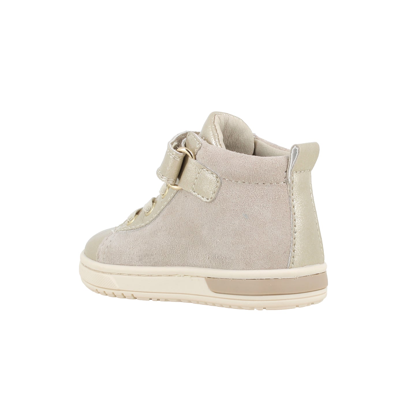 Girl's Primigi high top trainer in the style Platino in champagne with a leopard print star, gold detailing, Velcro strap and a white sole. Angled back view of right side shoe. 