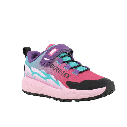 Girl's Primigi trainer in the style Storm GTX in pink, black and purple with light blue detailing a Velcro strap and black sole. Right side view. 