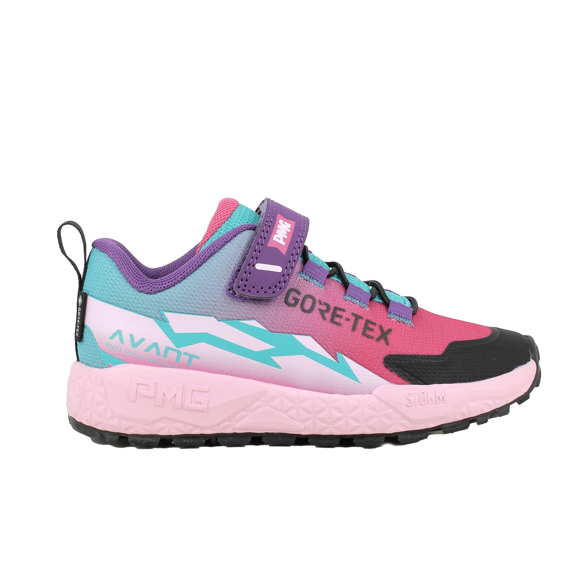 Girl's Primigi trainer in the style Storm GTX in pink, black and purple with light blue detailing a Velcro strap and black sole. Right side view. 