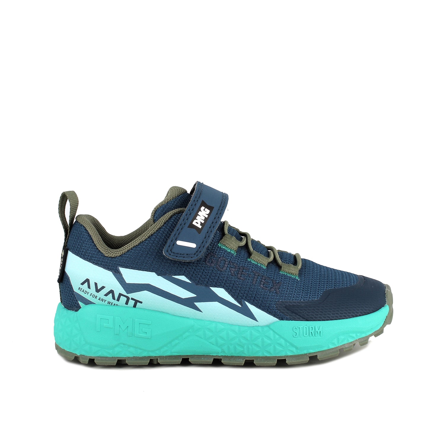 Boy's Primigi trainer in the style Storm GTX in navy and teal with a Velcro strap and grey sole. Right side view.