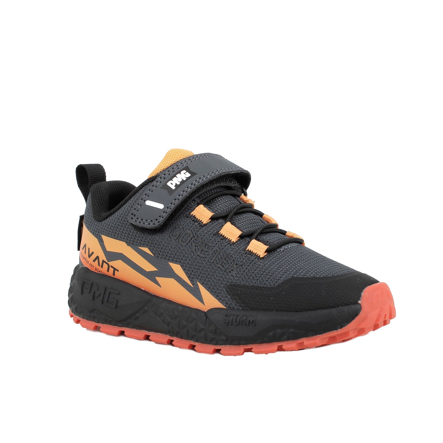 Boy's Primigi trainer in the style Storm GTX in black and orange with a Velcro strap and orange sole. Right side view.